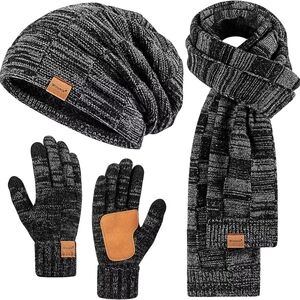 Mens Hat Gloves Scarf Set Winter, Slouchy Beanie 3 in 1 Warm Set, for Men